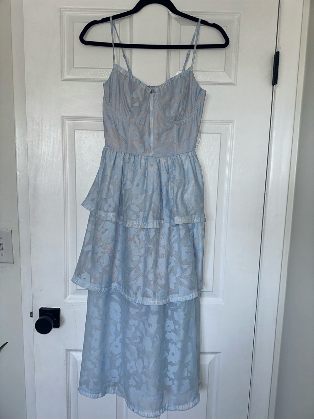 Vici Pale Blue Tiered Floral Midi Dress
